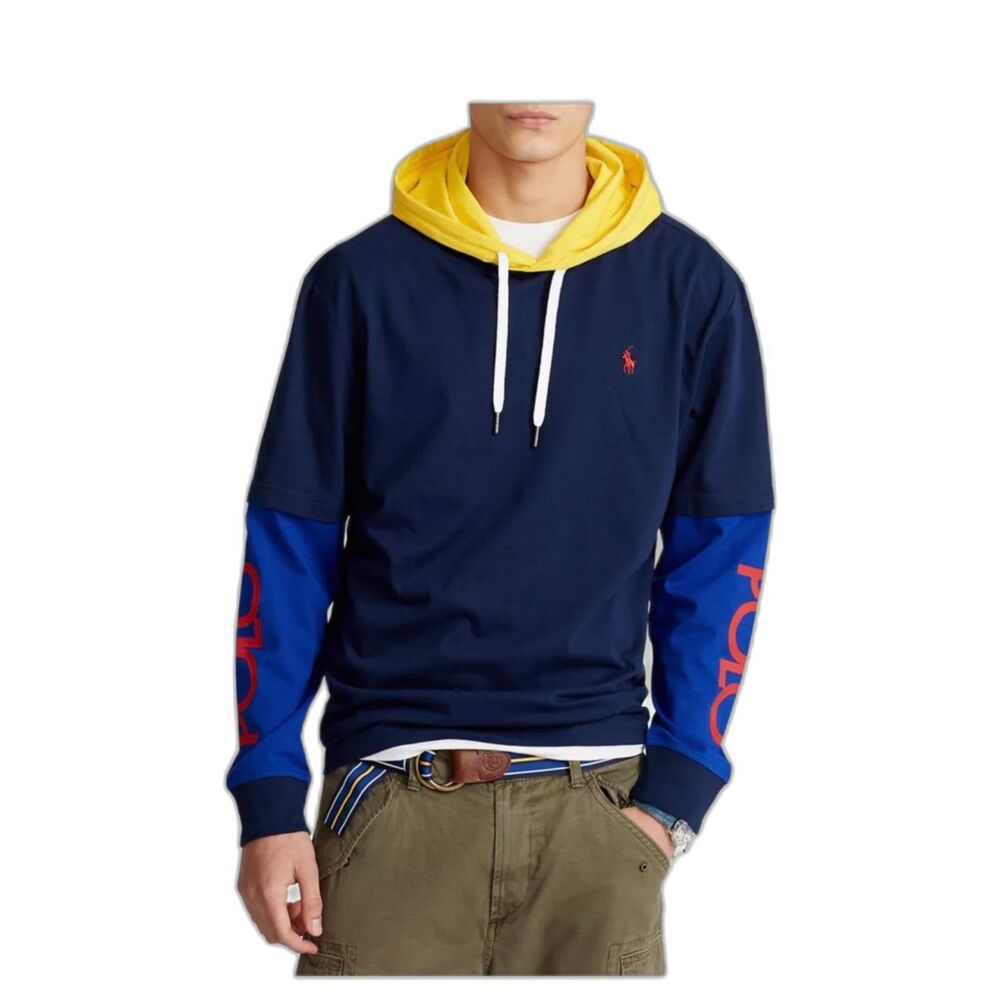 Polo Ralph Lauren NWOT Blue Yellow Colorblock Layered-Look Hooded T-Shirt Size M